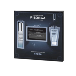 Coffret Filorga Hydra avec Hydra-Hyal Sérum, Hydra-Hyal Crème, et masque Hydra-Filler.