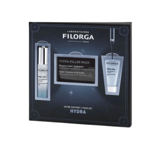 Coffret Filorga Hydra avec Hydra-Hyal Sérum, Hydra-Hyal Crème, et masque Hydra-Filler.